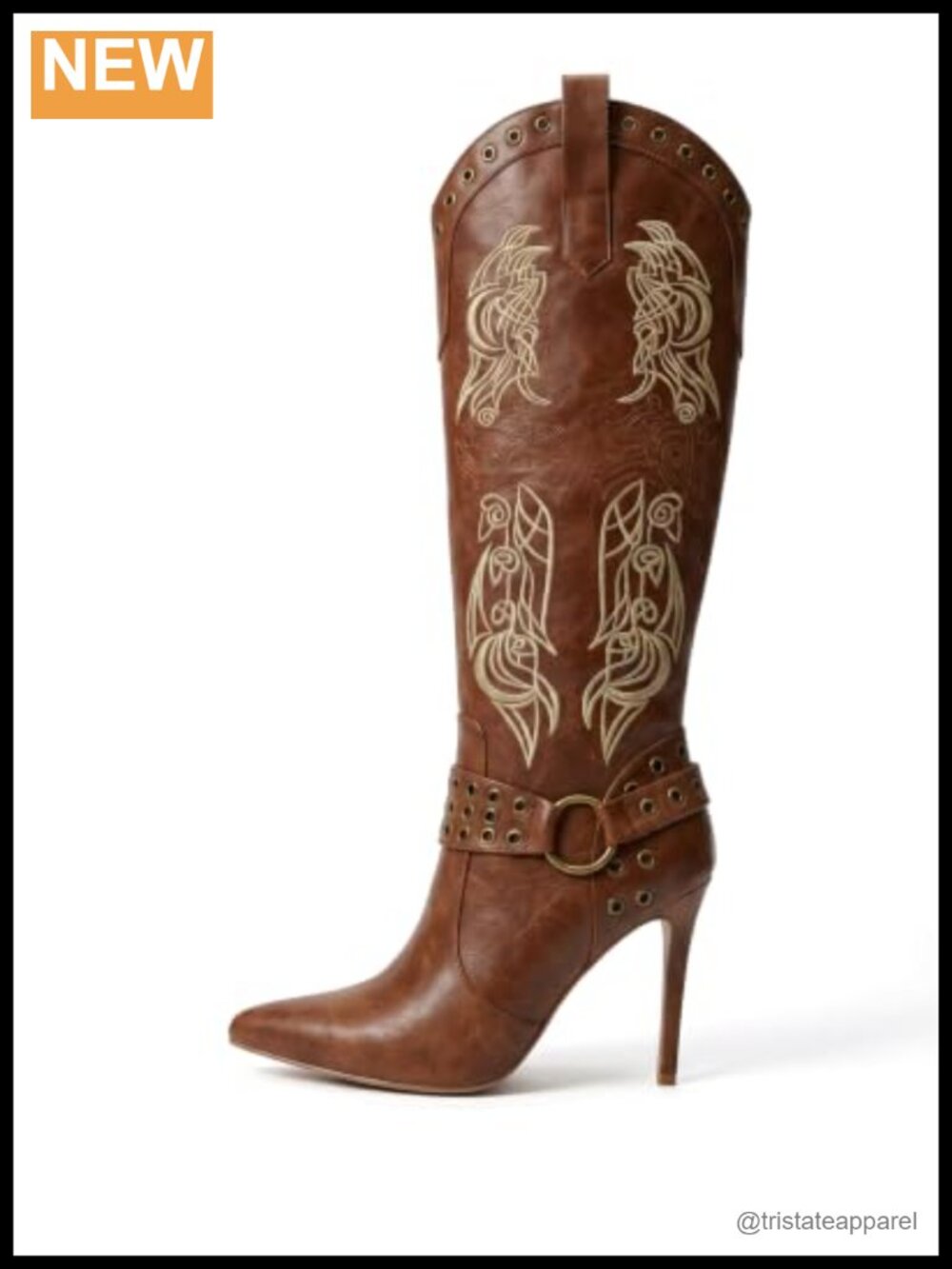 Western Knee High Boots Pointed Toe Stiletto Heel Cowgirl Boots Studded Harness